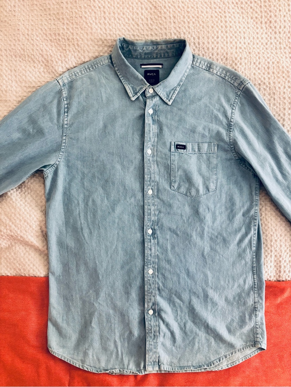 RVCA long sleeve button down denim shirt, size Large